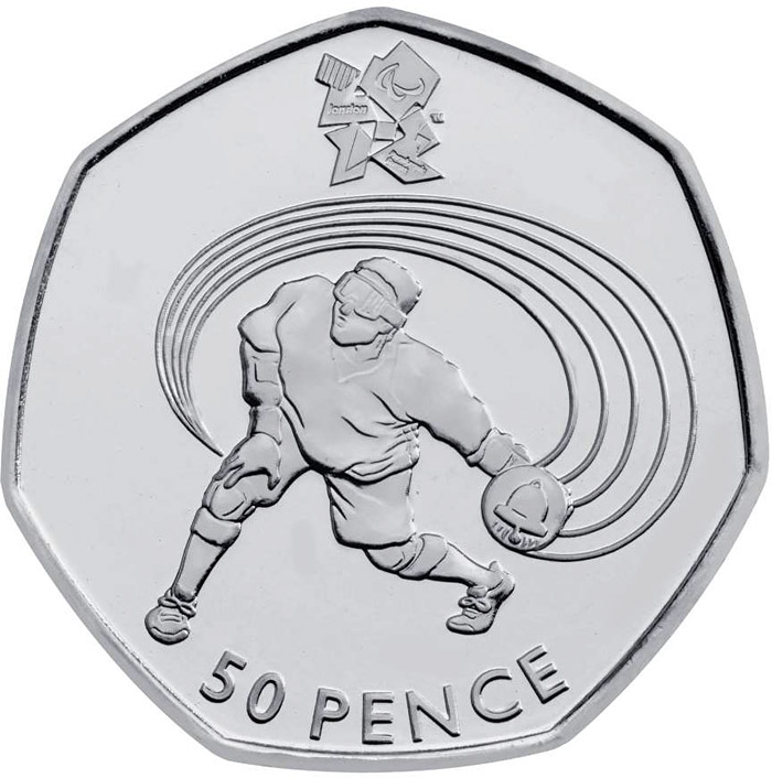Image of 50 pence coin - Goalball | United Kingdom 2011.  The Silver coin is of BU, UNC quality.