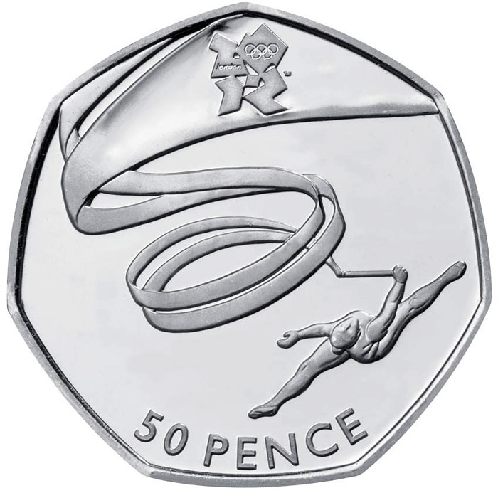 Image of 50 pence coin - Gymnastics | United Kingdom 2011.  The Silver coin is of BU, UNC quality.