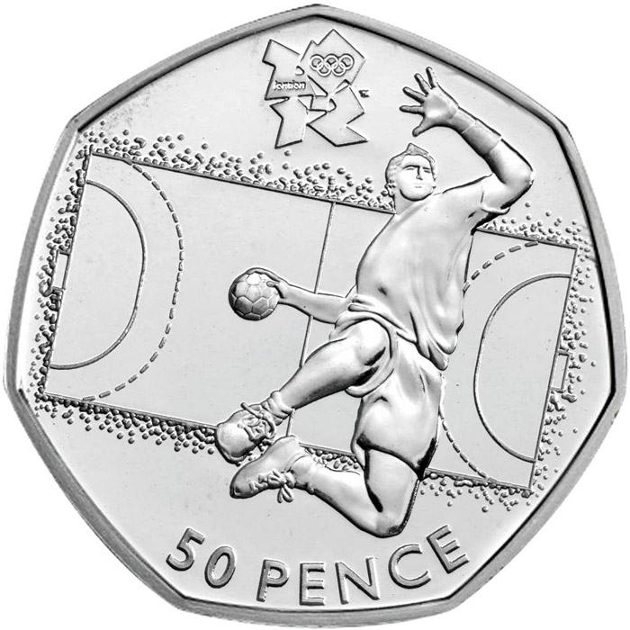 Image of 50 pence coin - Handball | United Kingdom 2011.  The Silver coin is of BU, UNC quality.