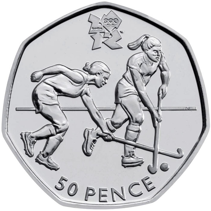 Image of 50 pence coin - Hockey | United Kingdom 2011.  The Silver coin is of BU, UNC quality.