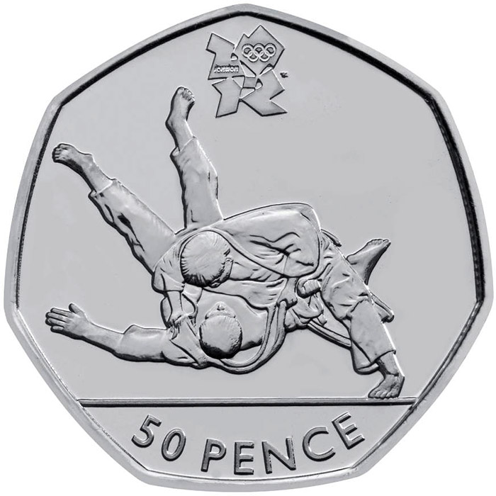 Image of 50 pence coin - Judo | United Kingdom 2011.  The Silver coin is of BU, UNC quality.