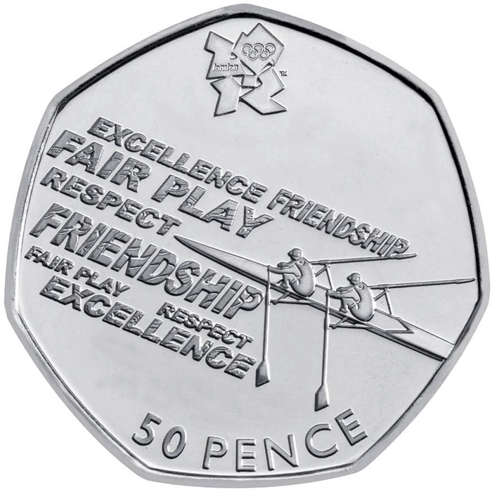 Image of 50 pence coin - Rowing | United Kingdom 2011.  The Silver coin is of BU, UNC quality.
