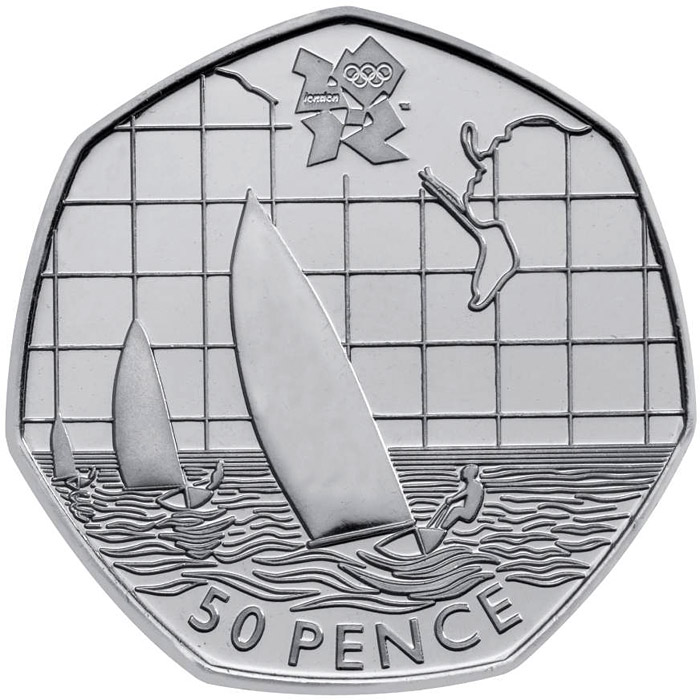 Image of 50 pence coin - Sailing | United Kingdom 2011.  The Silver coin is of BU, UNC quality.