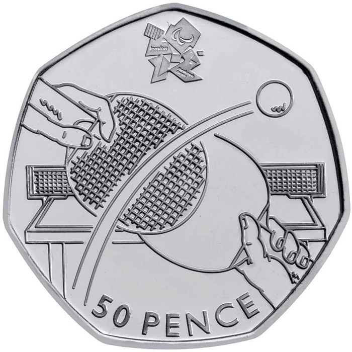 Image of 50 pence coin - Table Tennis | United Kingdom 2011.  The Silver coin is of BU, UNC quality.