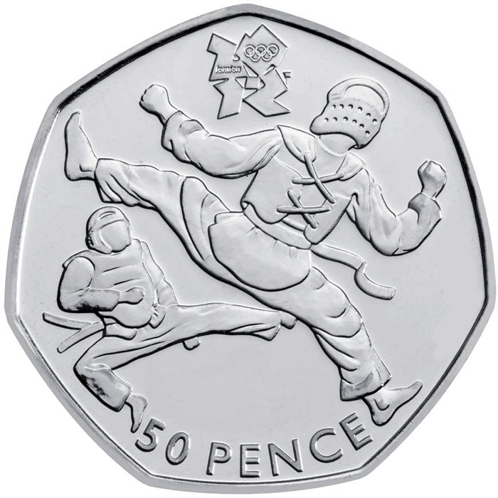 Image of 50 pence coin - Taekwondo | United Kingdom 2011.  The Silver coin is of BU, UNC quality.