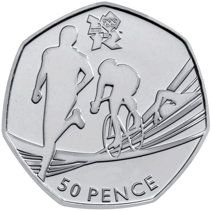 Image of 50 pence coin - Triathlon | United Kingdom 2011.  The Silver coin is of BU, UNC quality.