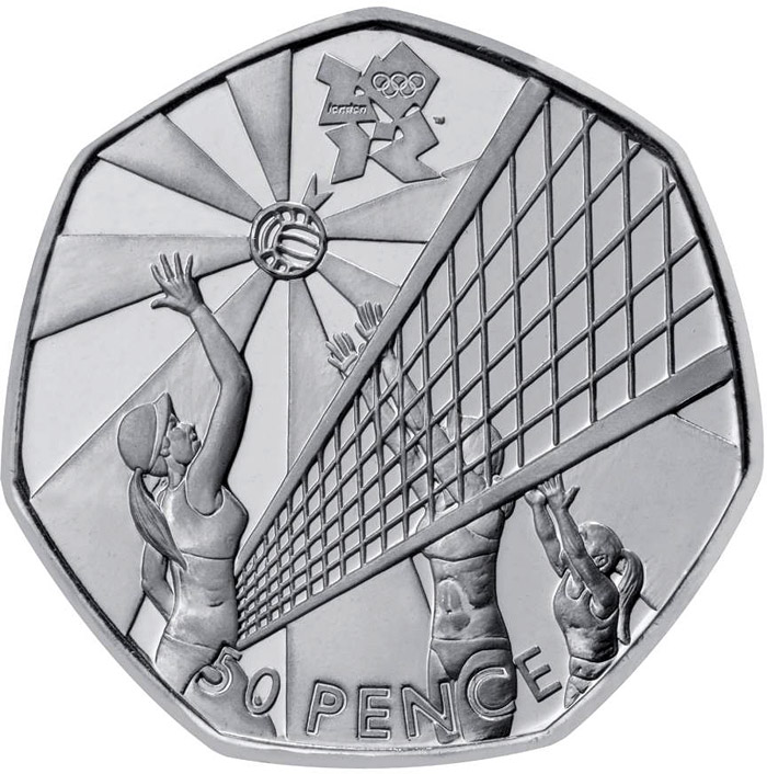 Image of 50 pence coin - Volleyball | United Kingdom 2011.  The Silver coin is of BU, UNC quality.