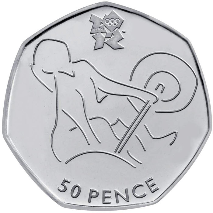 Image of 50 pence coin - Weightlifting | United Kingdom 2011.  The Silver coin is of BU, UNC quality.