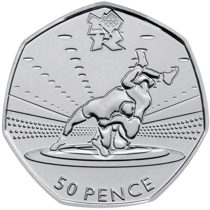 Image of 50 pence coin - Wrestling | United Kingdom 2011.  The Silver coin is of BU, UNC quality.