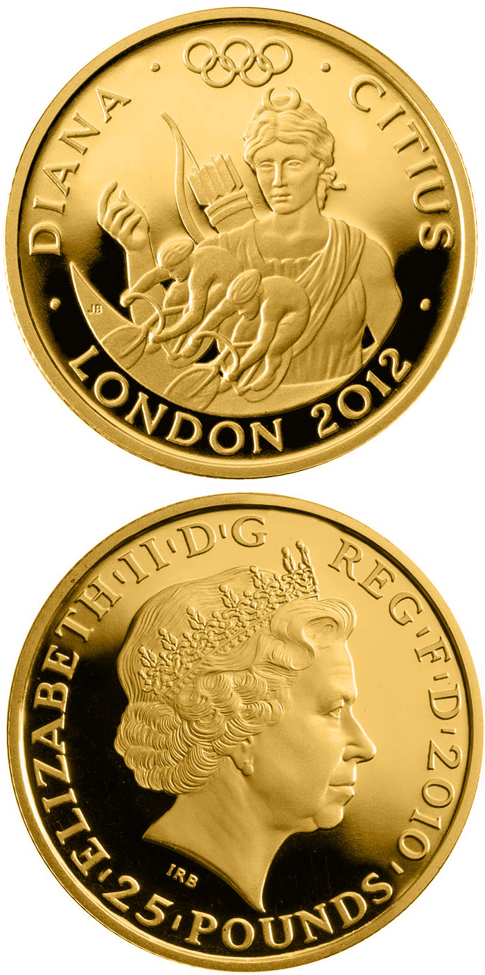 Image of 25 pounds coin - Faster - Diana  | United Kingdom 2010.  The Gold coin is of Proof quality.