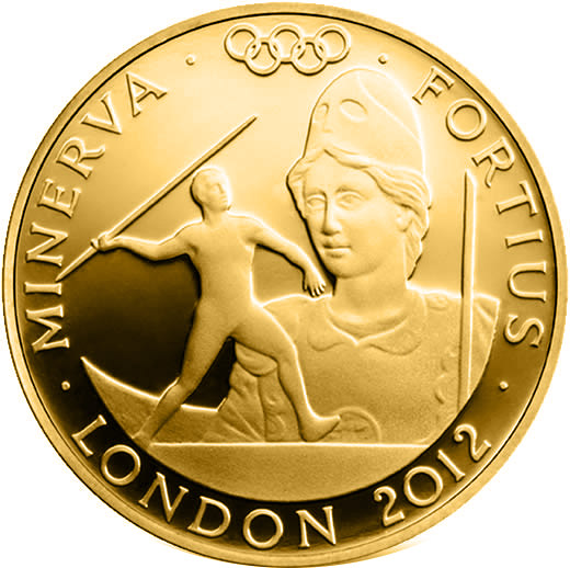 Image of 25 pounds coin - Stronger - Minerva | United Kingdom 2012.  The Gold coin is of Proof quality.
