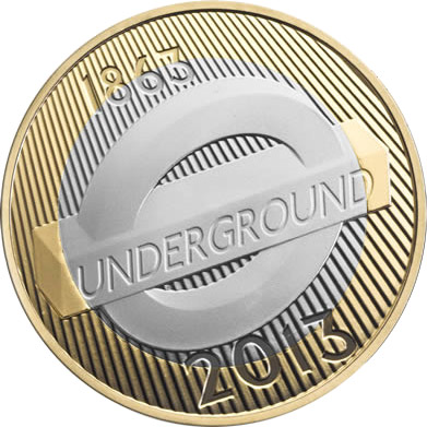 Image of 2 pounds coin - 150th Anniversary of the London Underground - The Roundel | United Kingdom 2013.  The Bimetal: CuNi, nordic gold coin is of Proof, BU, UNC quality.