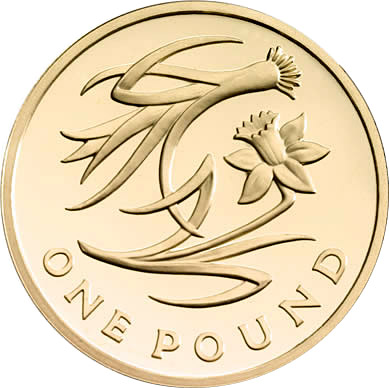Image of 1 pound coin - The Floral Pound: England | United Kingdom 2013.  The Brass coin is of BU quality.
