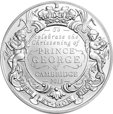 Image of 5 pounds coin - Royal Christening | United Kingdom 2013.  The Copper–Nickel (CuNi) coin is of BU quality.