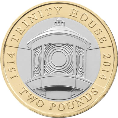 Image of 2 pounds coin - 500th Anniversary Trinity House | United Kingdom 2014.  The Bimetal: CuNi, nordic gold coin is of Proof, BU, UNC quality.