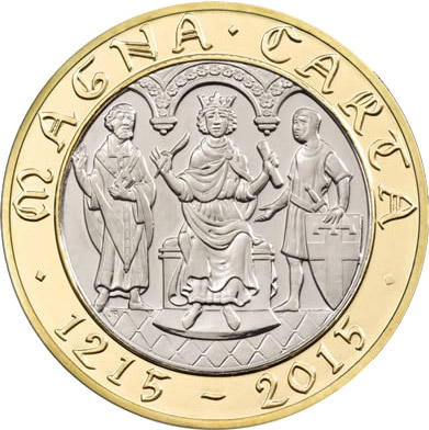 Image of 2 pounds coin - 800th Anniversary of Magna Carta | United Kingdom 2015.  The Bimetal: CuNi, nordic gold coin is of Proof, BU, UNC quality.