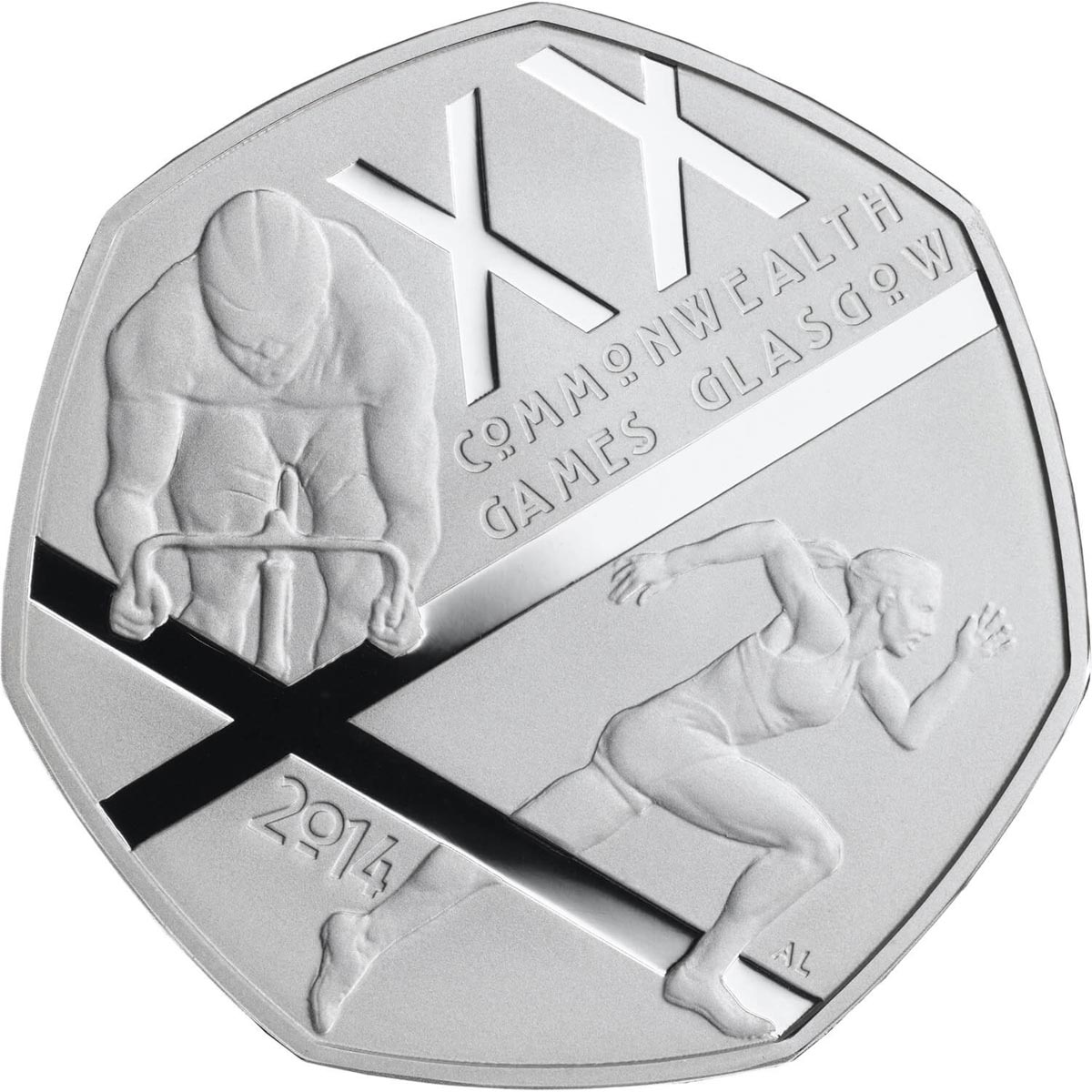 Image of 50 pence coin - The Glasgow 2014 Commonwealth Games | United Kingdom 2014.  The Copper–Nickel (CuNi) coin is of UNC quality.