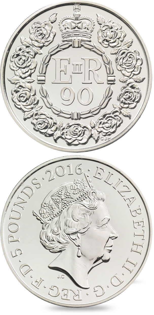 Image of 5 pounds coin - The Queen’s 90th Birthday | United Kingdom 2016.  The Copper–Nickel (CuNi) coin is of BU quality.