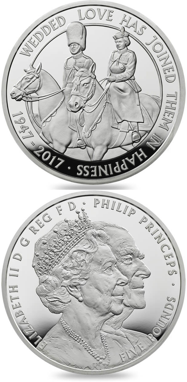 Image of 5 pounds coin - Platinum Wedding 2017 | United Kingdom 2017.  The Copper–Nickel (CuNi) coin is of BU quality.