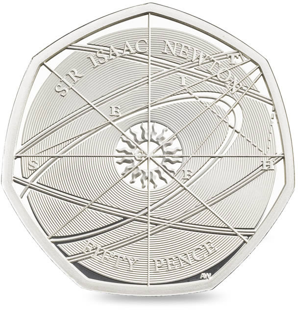 Image of 50 pence coin - 375 years after his birth of Isaac Newton  | United Kingdom 2017.  The Copper–Nickel (CuNi) coin is of UNC quality.