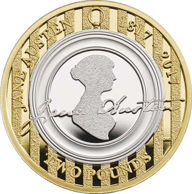 Image of 2 pounds coin - Jane Austen | United Kingdom 2017.  The Bimetal: CuNi, nordic gold coin is of Proof, BU, UNC quality.