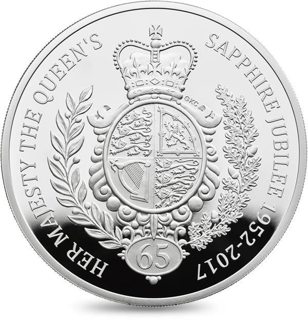 Image of 5 pounds coin - The Queen's Sapphire Jubilee  | United Kingdom 2017.  The Copper–Nickel (CuNi) coin is of Proof quality.