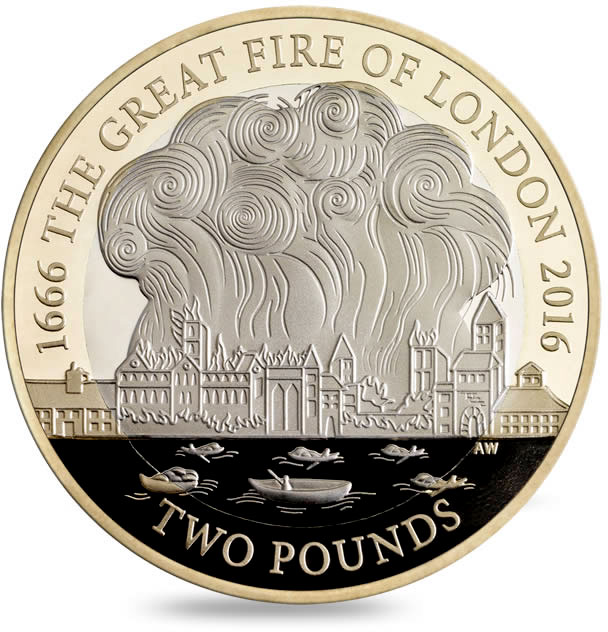 Image of 2 pounds coin - 350th Anniversary of the Great Fire of London | United Kingdom 2016.  The Bimetal: CuNi, nordic gold coin is of Proof, BU, UNC quality.