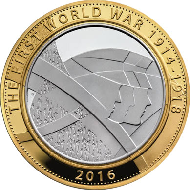 Image of 2 pounds coin - The 100th Anniversary of the First World War | United Kingdom 2016.  The Bimetal: CuNi, nordic gold coin is of Proof, BU, UNC quality.