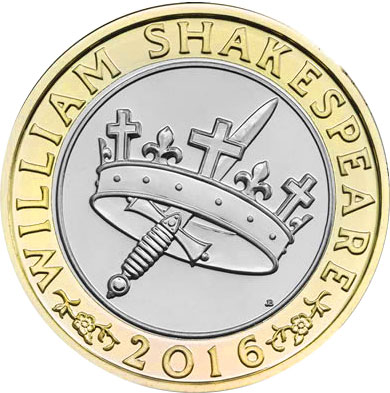 Image of 2 pounds coin - William Shakespeare - History  | United Kingdom 2016.  The Bimetal: CuNi, nordic gold coin is of Proof, BU, UNC quality.