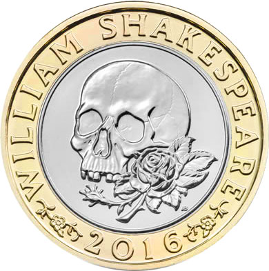 Image of 2 pounds coin - William Shakespeare  - Tragedy  | United Kingdom 2016.  The Bimetal: CuNi, nordic gold coin is of Proof, BU, UNC quality.