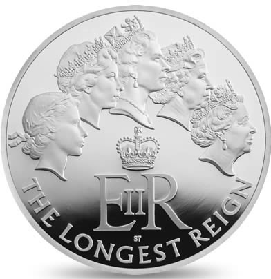 Image of 5 pounds coin - The Longest Reigning Monarch | United Kingdom 2015.  The Copper–Nickel (CuNi) coin is of BU quality.