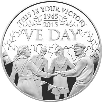 Image of 5 pounds coin - The 70th Anniversary of VE Day Alderney | United Kingdom 2015.  The Copper–Nickel (CuNi) coin is of BU quality.