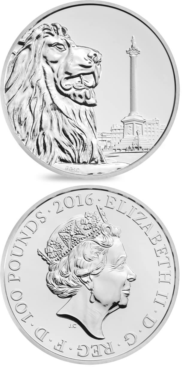 Image of 100 pounds coin - Trafalgar Square | United Kingdom 2016.  The Silver coin is of BU quality.
