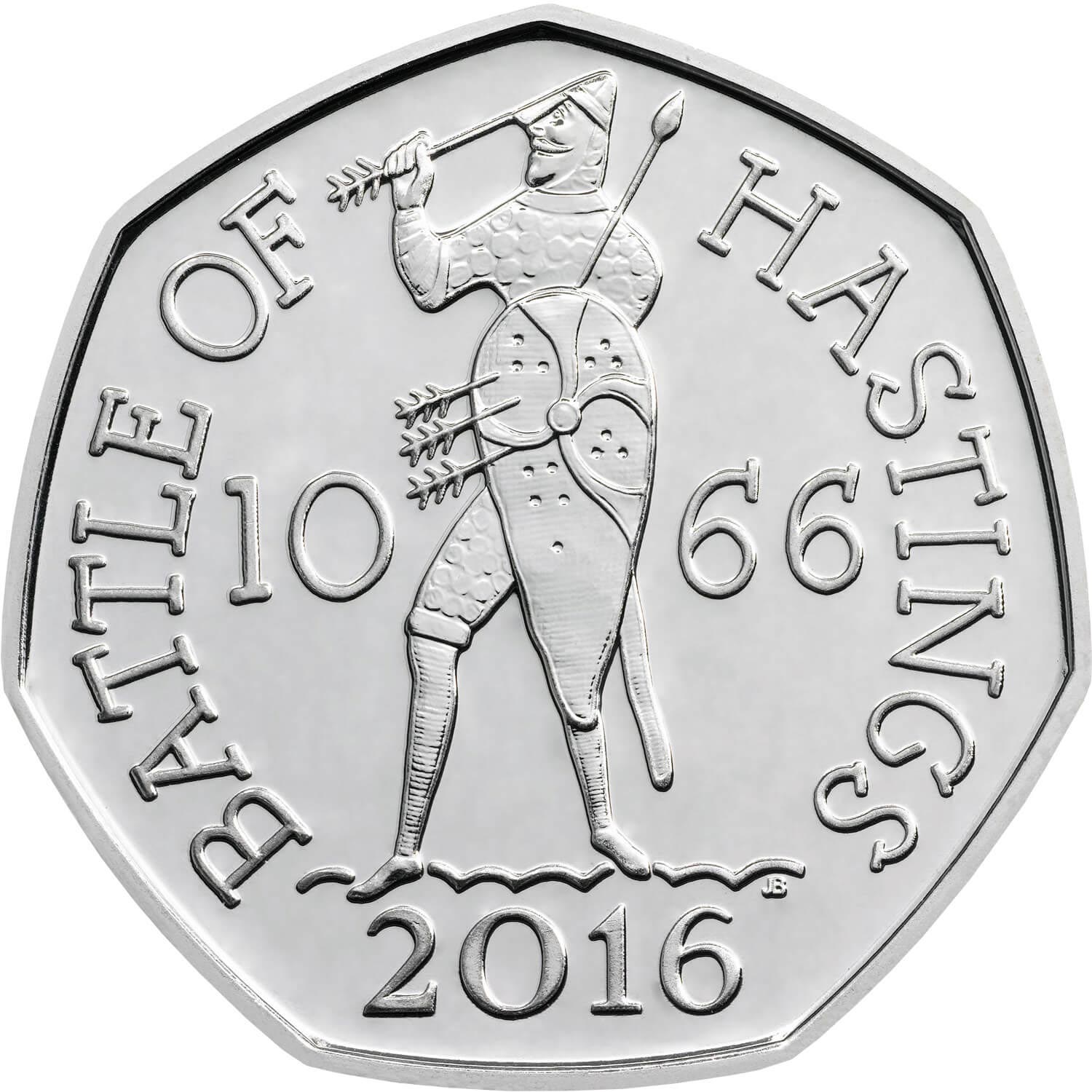 Image of 50 pence coin - Battle of Hastings  | United Kingdom 2016.  The Copper–Nickel (CuNi) coin is of UNC quality.