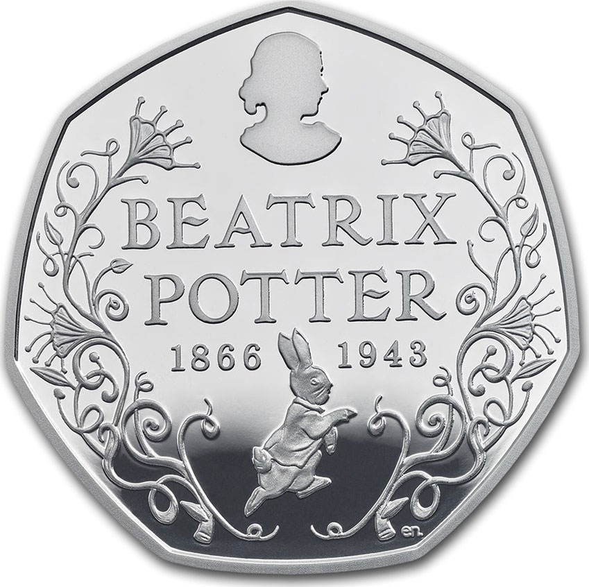 Image of 50 pence coin - Beatrix Potter Anniversary | United Kingdom 2016.  The Copper–Nickel (CuNi) coin is of UNC quality.