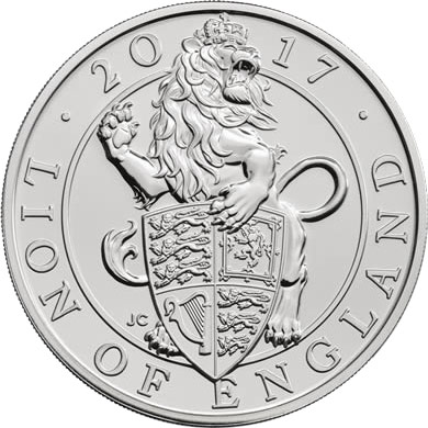 Image of 5 pounds coin - The Lion of England | United Kingdom 2017.  The Silver coin is of BU quality.