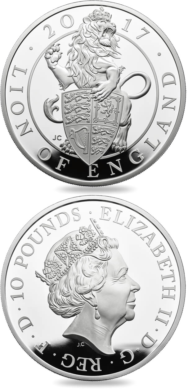 Image of 10 pounds coin - The Lion of England | United Kingdom 2017.  The Silver coin is of Proof quality.