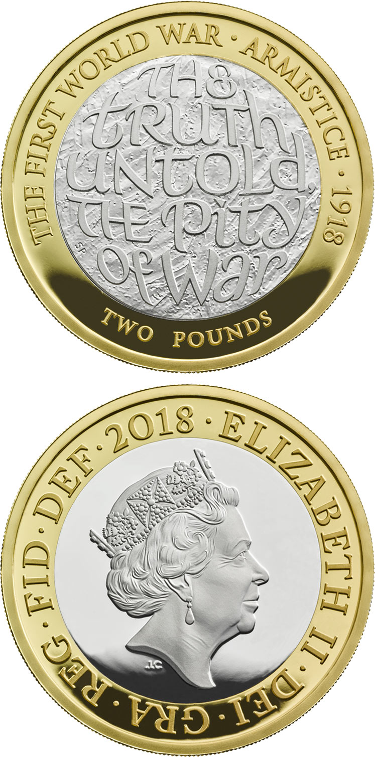 Image of 2 pounds coin - 100th Anniversary of the First World War Armistice | United Kingdom 2018.  The Bimetal: CuNi, nordic gold coin is of Proof, BU quality.