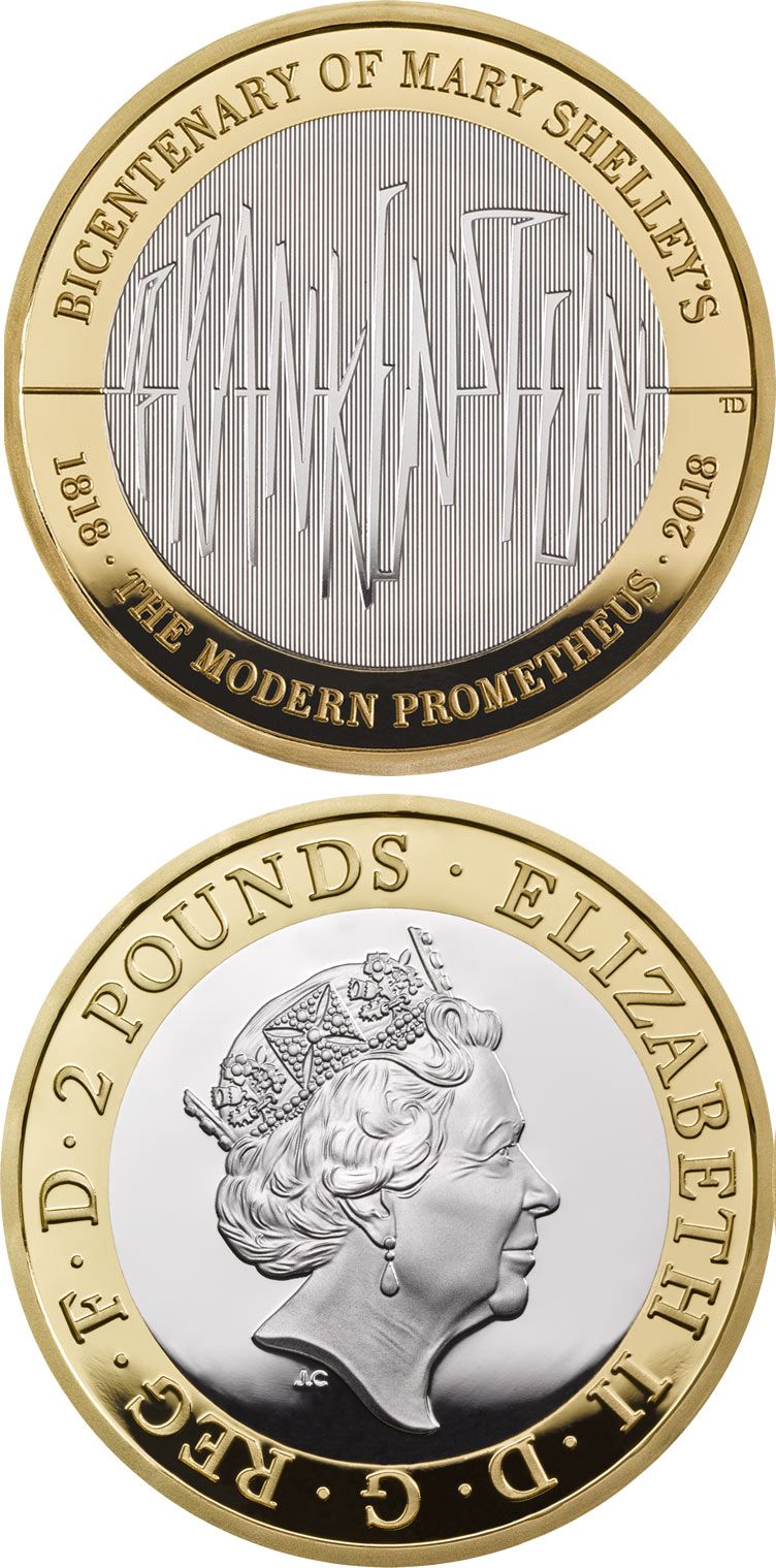 Image of 2 pounds coin - The 200th Anniversary of the publication of Frankenstein | United Kingdom 2018.  The Bimetal: CuNi, nordic gold coin is of Proof, BU quality.