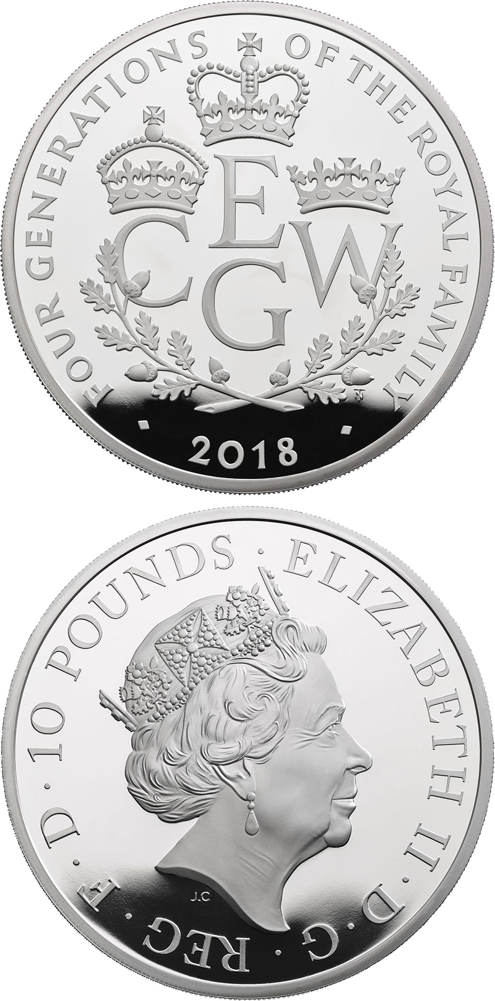 Image of 10 pounds coin - The Four Generations of Royalty | United Kingdom 2018.  The Silver coin is of Proof quality.