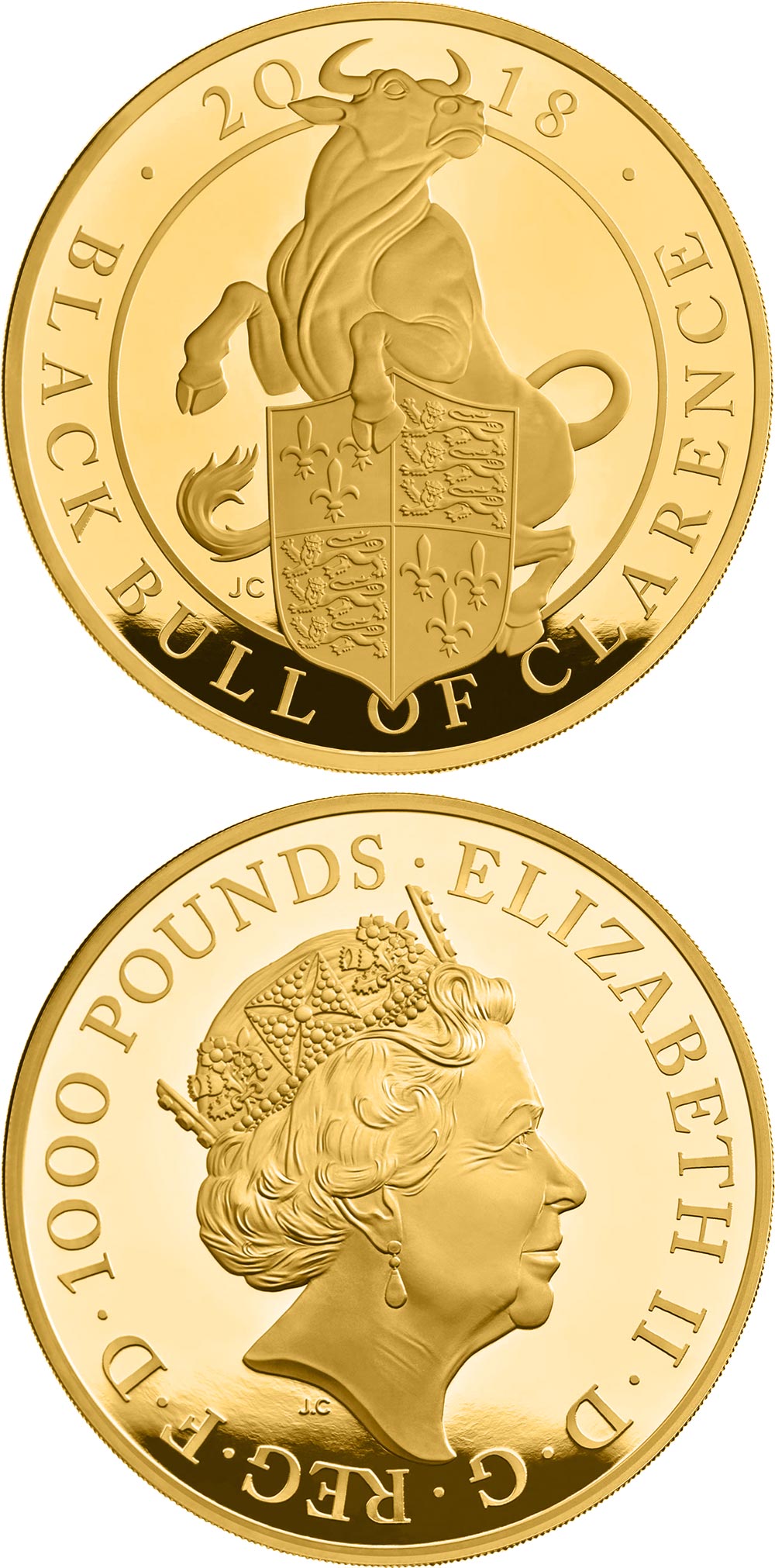 Image of 1000 pounds coin - The Black Bull of Clarence | United Kingdom 2018.  The Gold coin is of Proof quality.
