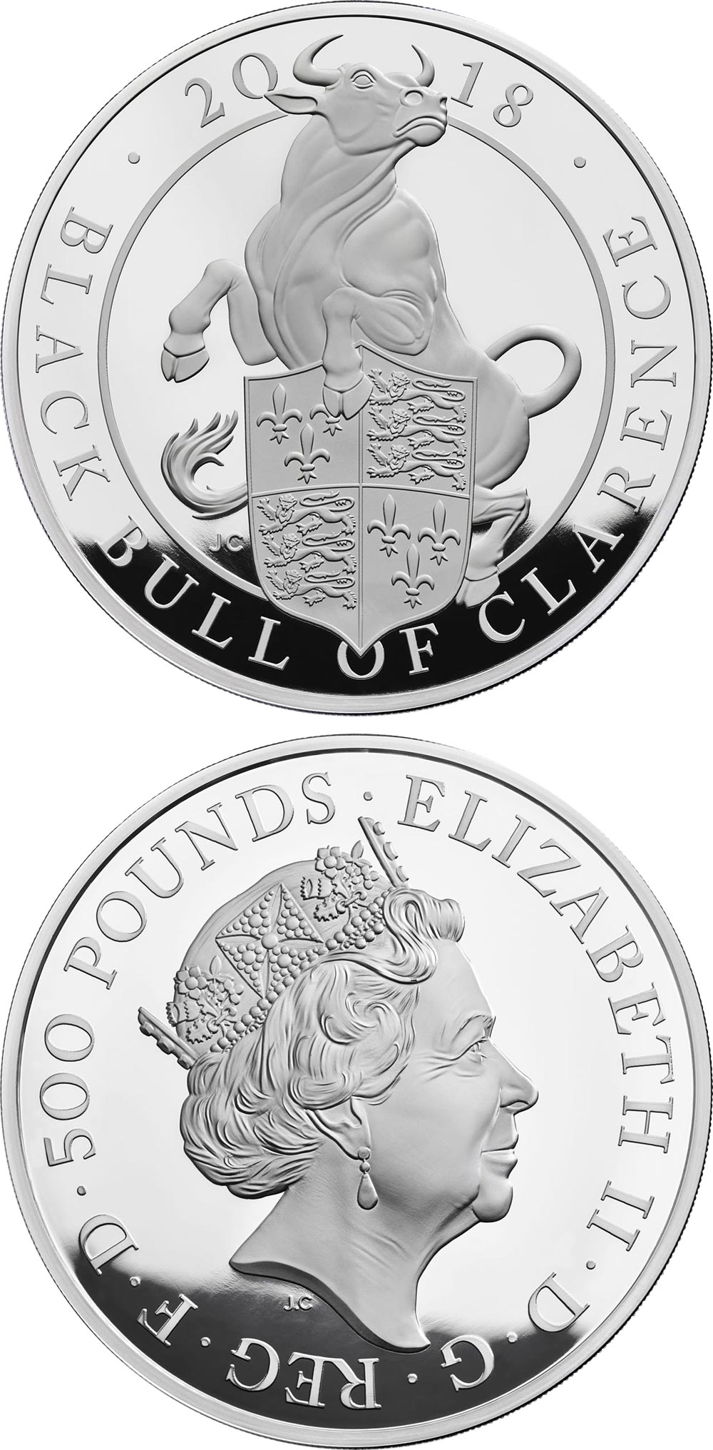 Image of 500 pounds coin - The Black Bull of Clarence | United Kingdom 2018.  The Silver coin is of Proof quality.