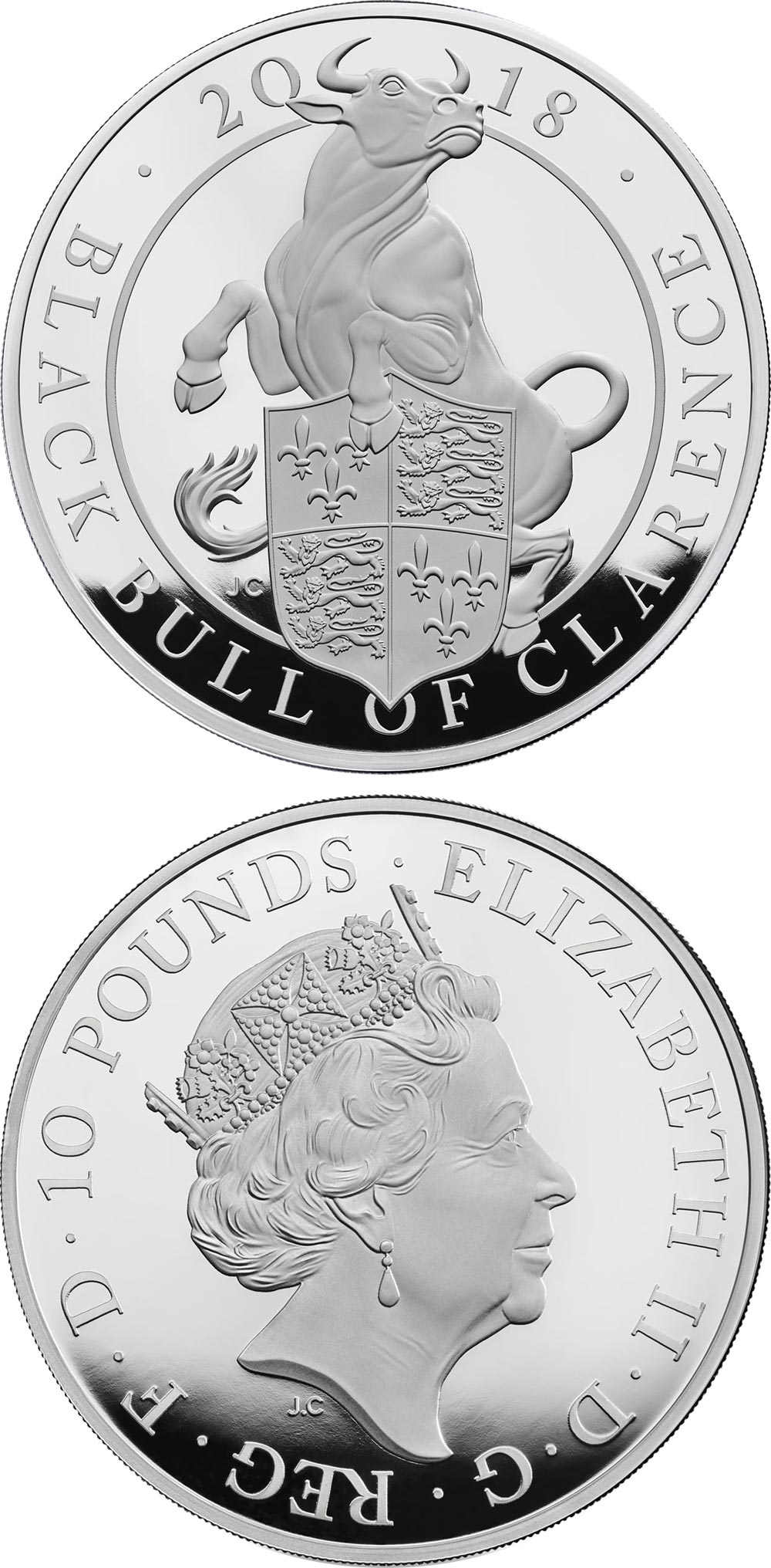 Image of 10 pounds coin - The Black Bull of Clarence | United Kingdom 2018.  The Silver coin is of Proof quality.