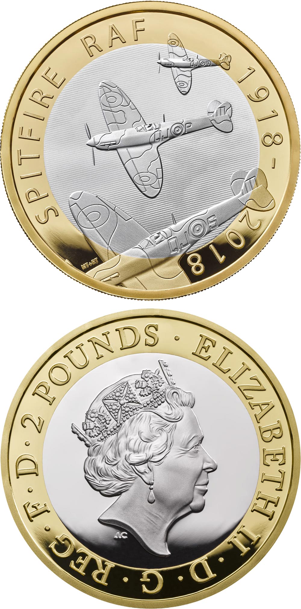 Image of 2 pounds coin - RAF Centenary Spitfire | United Kingdom 2018.  The Bimetal: CuNi, nordic gold coin is of Proof, BU quality.