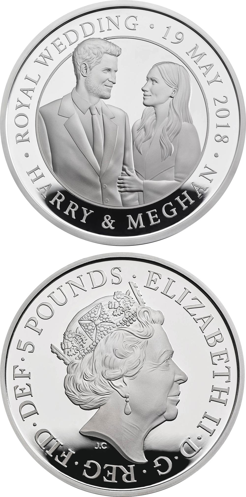 Image of 5 pounds coin - The Royal Wedding | United Kingdom 2018.  The Copper–Nickel (CuNi) coin is of Proof, BU quality.