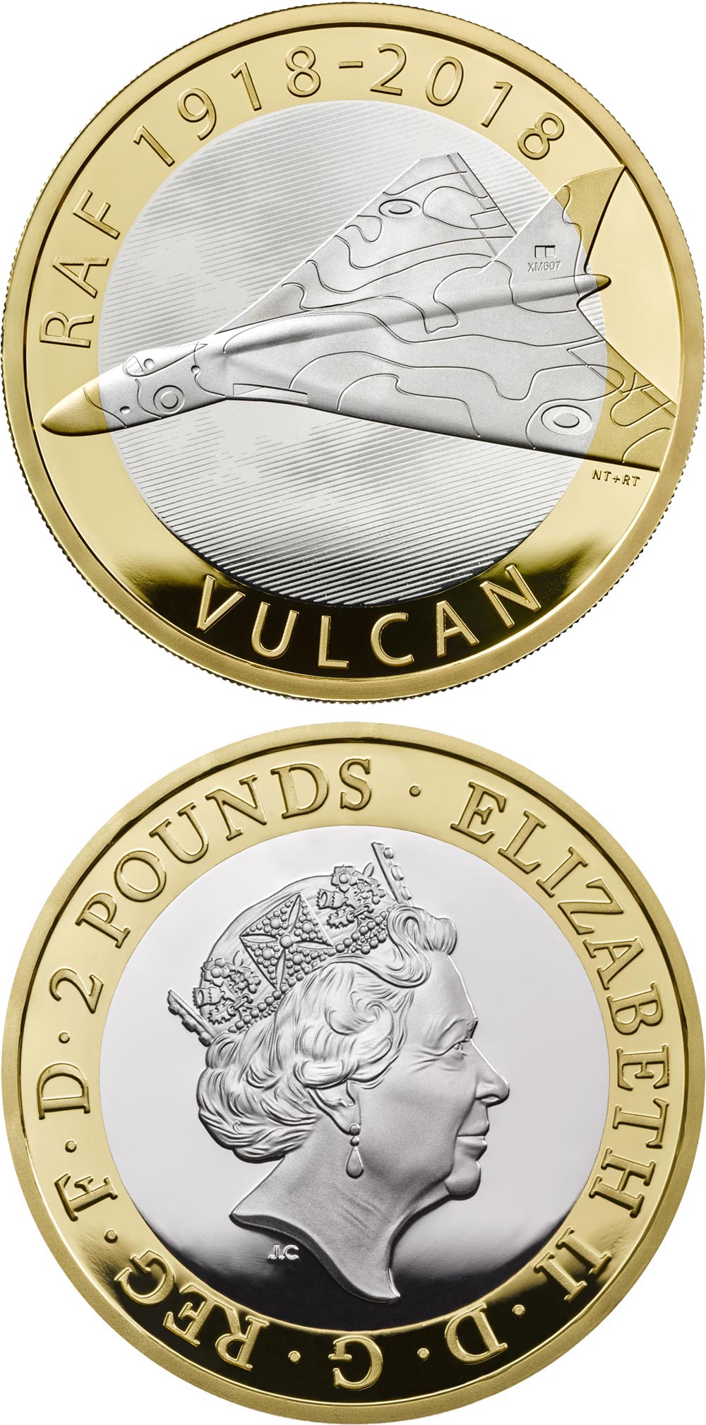 Image of 2 pounds coin - RAF Centenary Vulcan | United Kingdom 2018.  The Bimetal: CuNi, nordic gold coin is of Proof, BU quality.