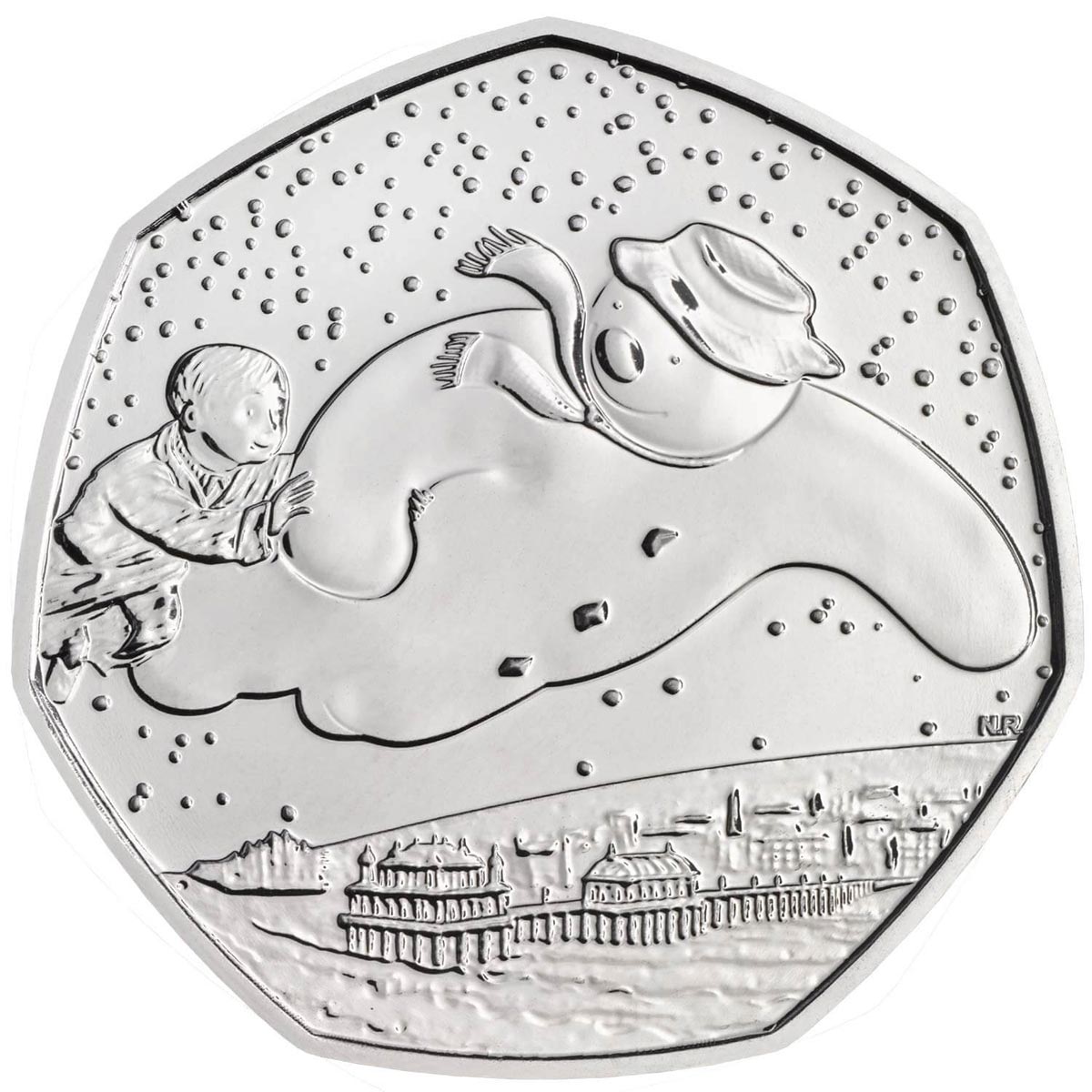 Image of 50 pence coin - 40th Anniversary of The Snowman | United Kingdom 2018.  The Copper–Nickel (CuNi) coin is of Proof, BU quality.