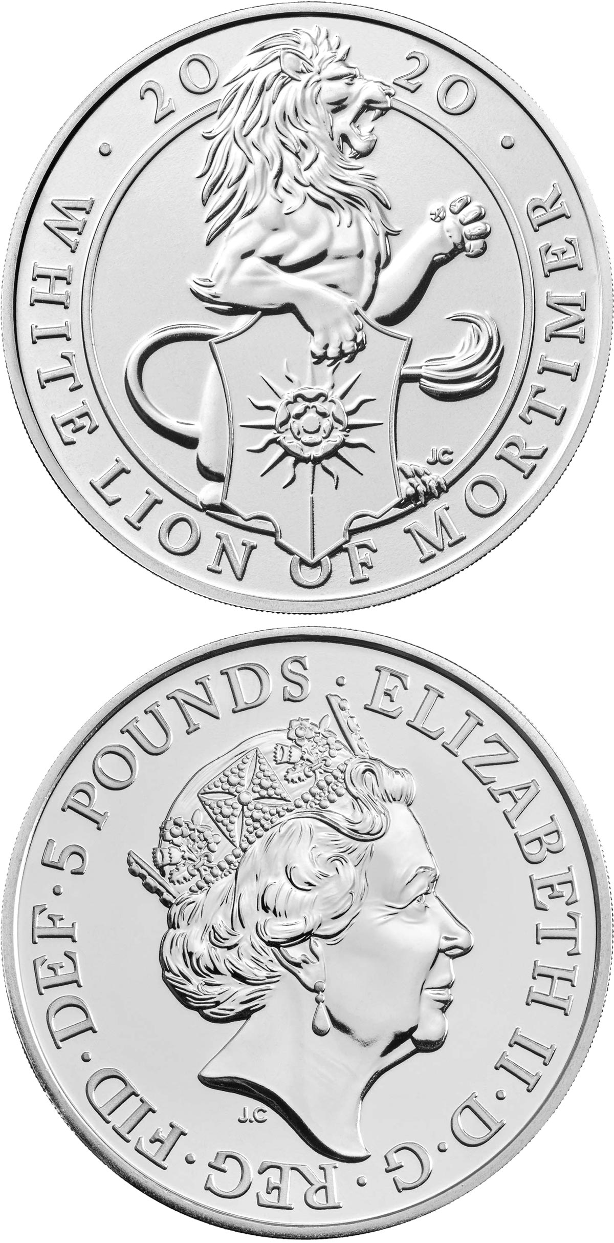 Image of 5 pounds coin - The White Lion of Mortimer | United Kingdom 2020.  The Silver coin is of BU quality.