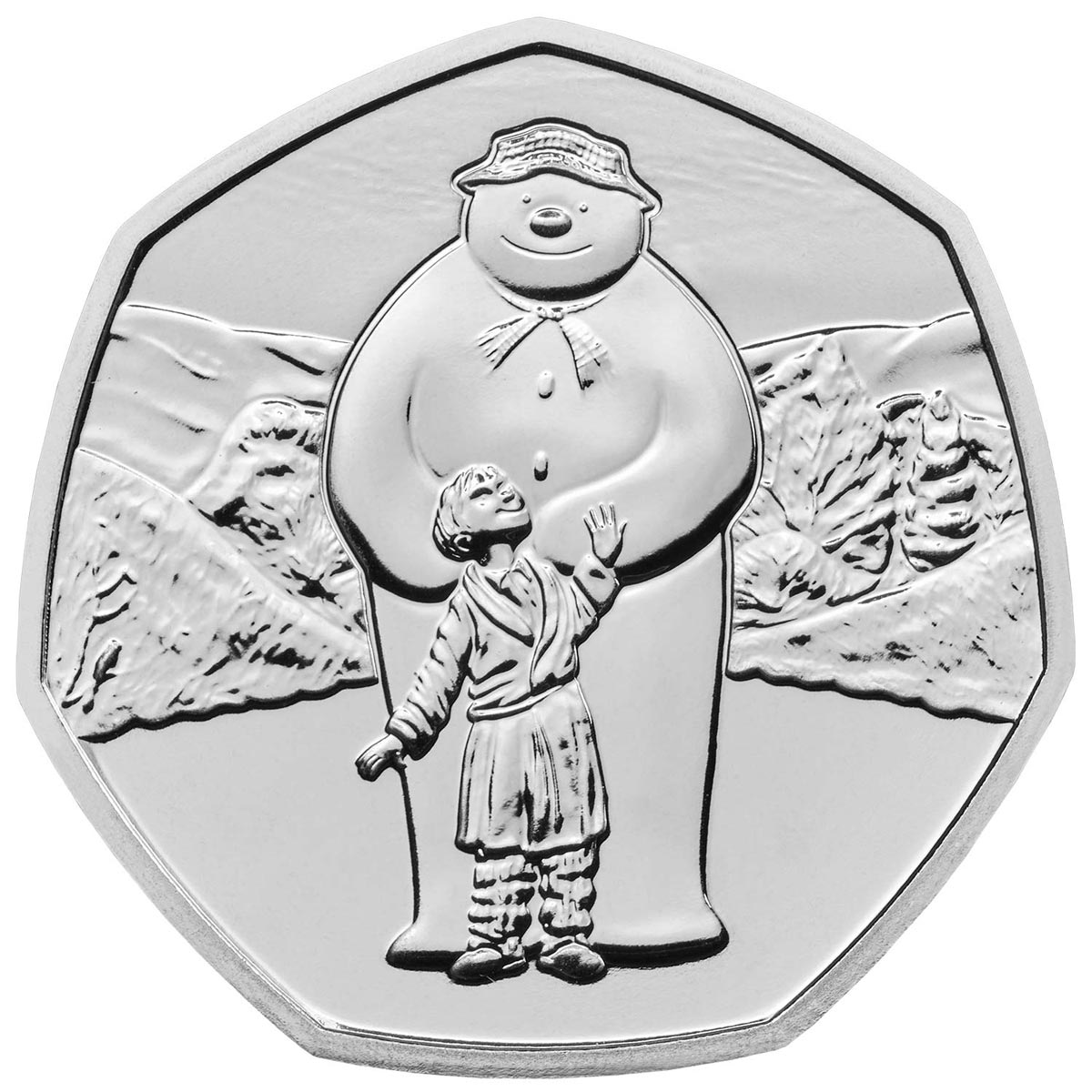 Image of 50 pence coin - The Snowman | United Kingdom 2019.  The Copper–Nickel (CuNi) coin is of Proof, BU quality.