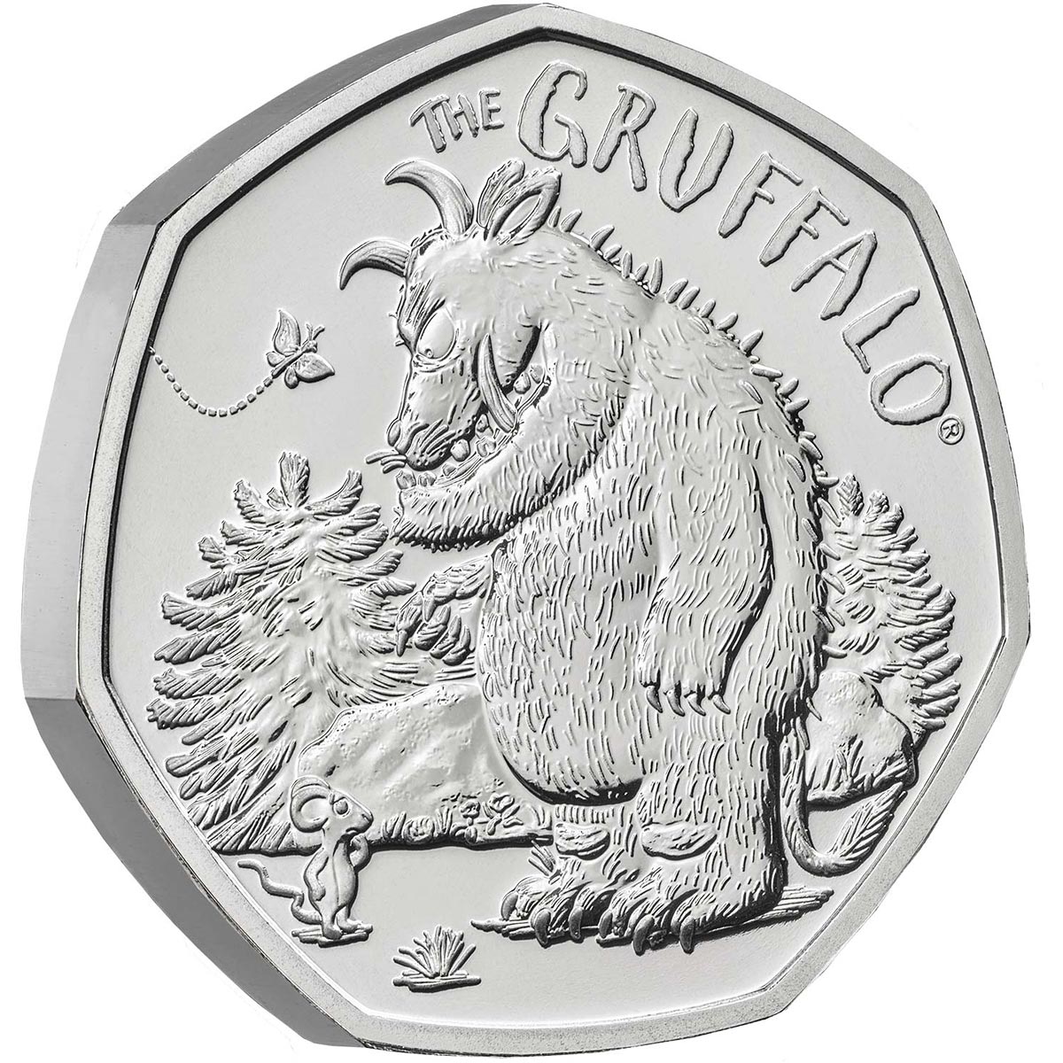 Image of 50 pence coin - The Gruffalo and Mouse | United Kingdom 2019.  The Copper–Nickel (CuNi) coin is of Proof, BU quality.